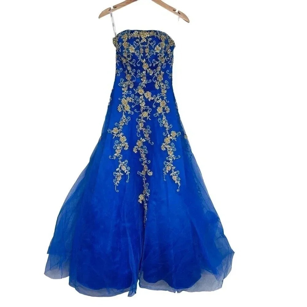 Tiffany‎ Designs Royal Blue Gold Embroidered Strapless Ball Gown Prom Dress 2
